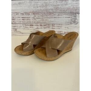 Born Latrice Cork Wedge Slide Sandal Tan Leather Size 7M